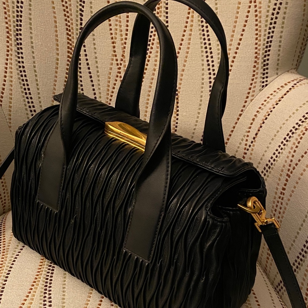 Donna Karan Black Ruched Leather Satchel with Gold Hardware